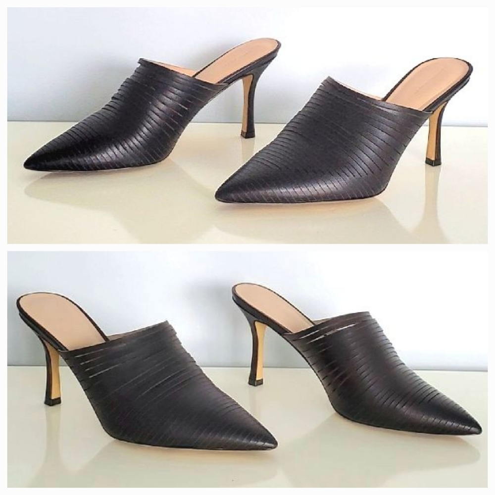 SOMETHING NAVY Black Stilletto Sz 6.5 Heels Shoes Leather Strappy w Box